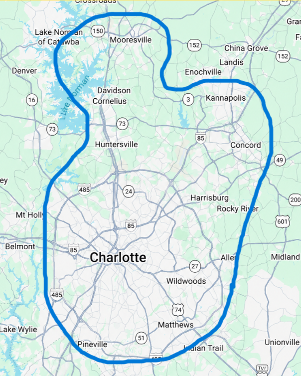 Map of Pocket Truck Exteriors' Charlotte, NC service area